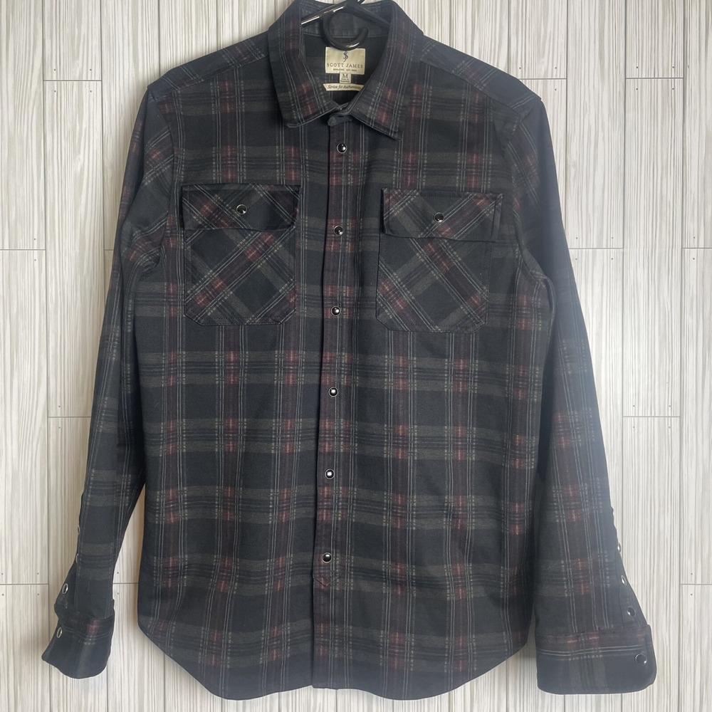 Scott James Black Snap Button‎ Up Style Plaid Sz M
